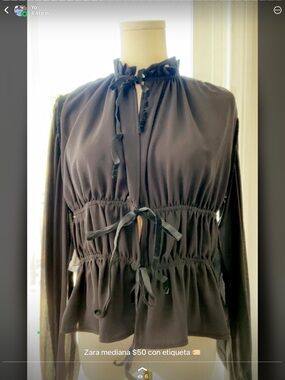Zara Black Ruffle-Neck Tie-Waist Long Sleeve Blouse